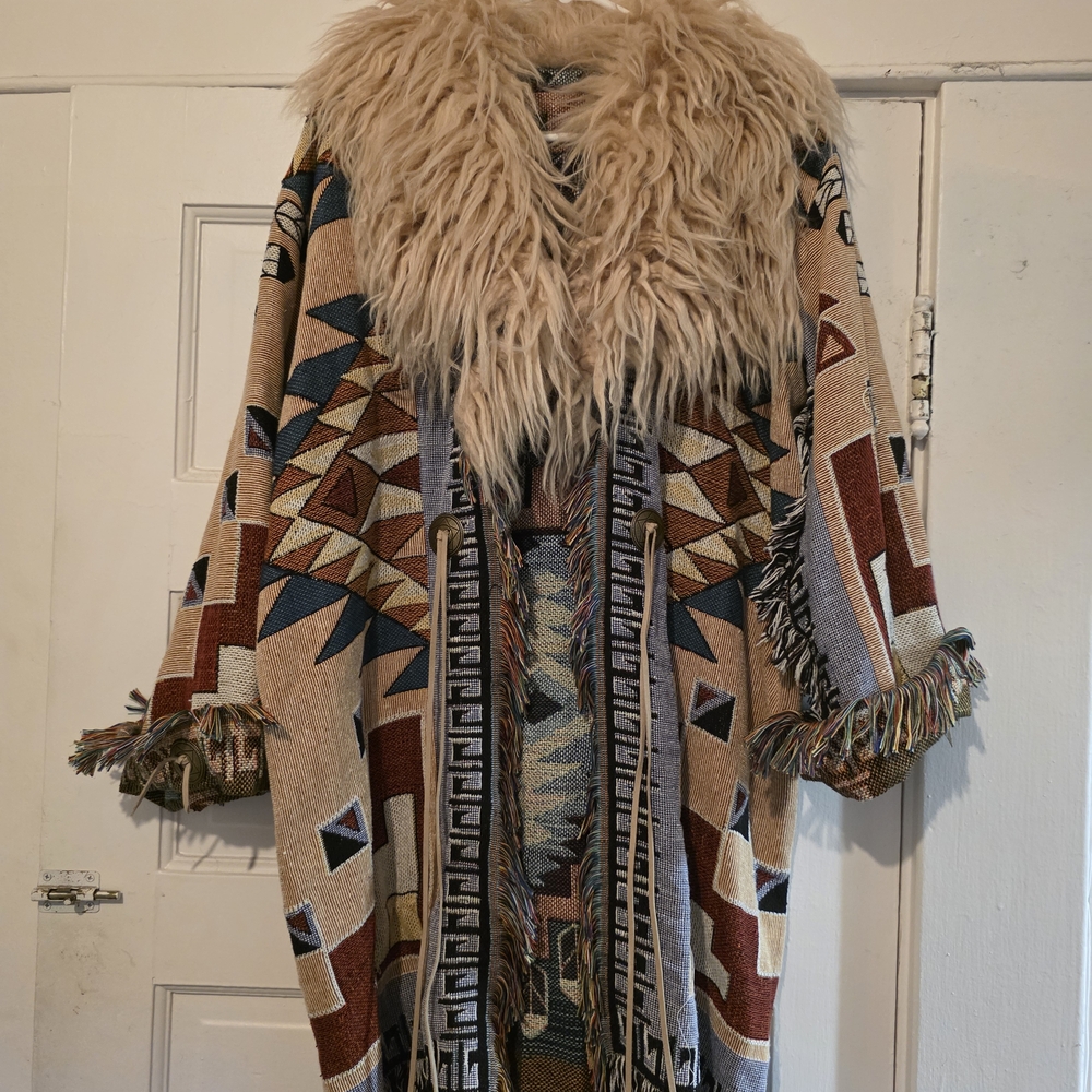 Bohemian Tribal Pattern Coat with Faux Fur Collar